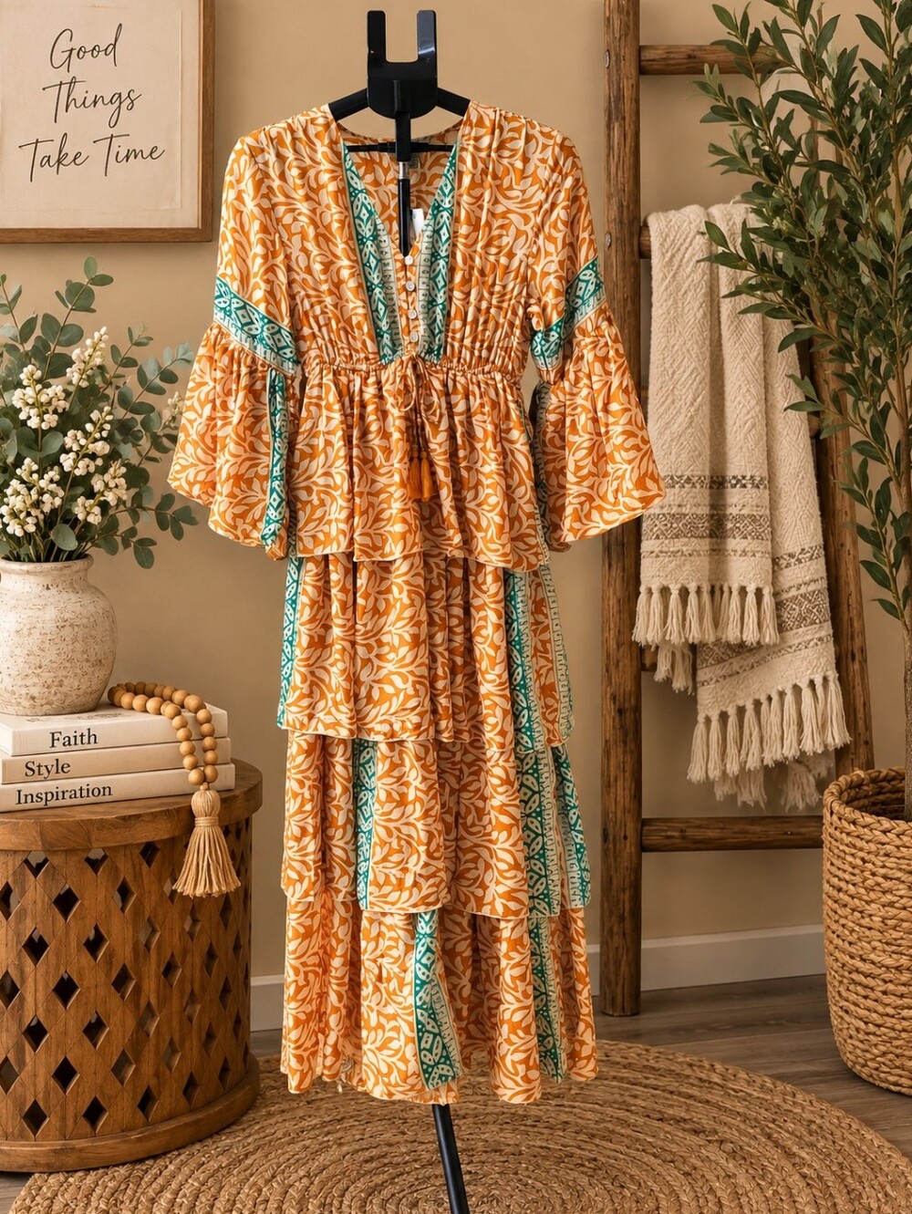 Boho Tiered Orange Floral Maxi Dress with Green Trim